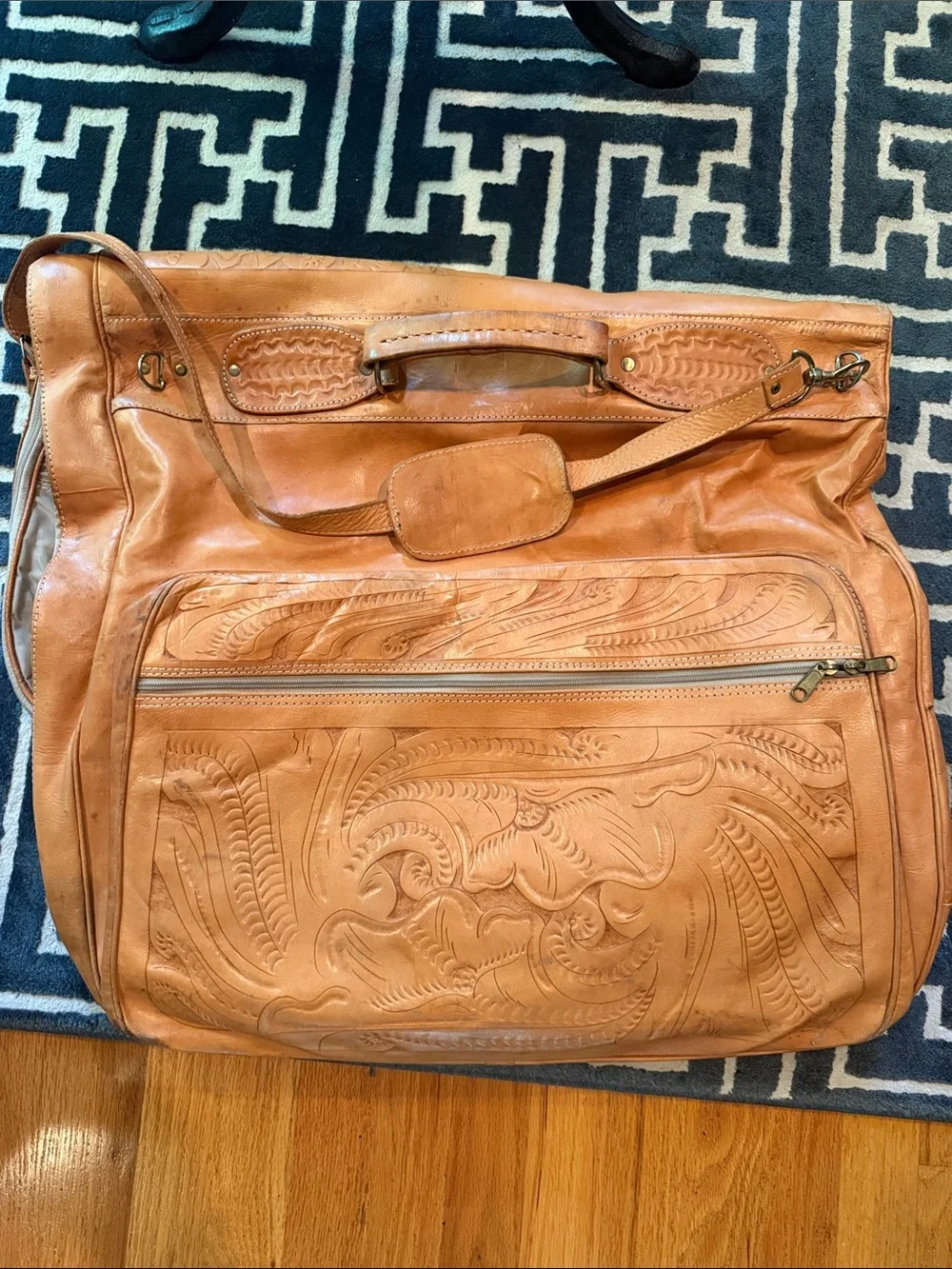 Hand-Tooled Leather Weekender Bag in Tan